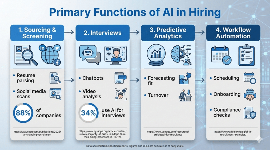 Infographic outlining the four primary functions of using AI in the hiring process