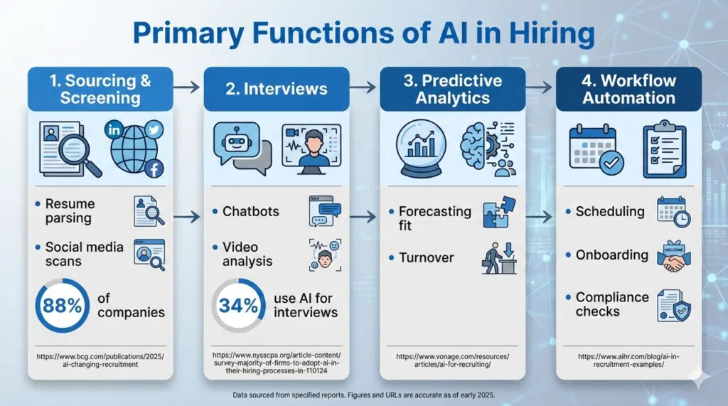 Infographic outlining the four primary functions of using AI in the hiring process