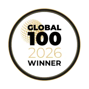Award badge recognizing the Global 100 Winner for 2026
