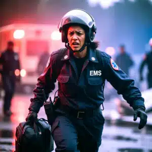 Female EMS paramedic in helmet and navy uniform rushing urgently to an accident, carrying medical bag with concerned expression.