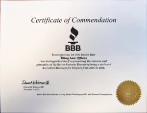 Image of BBB 10-Year Accreditation Certificate for Kitay Law Offices