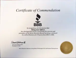 Image of BBB 10-Year Accreditation Certificate for Kitay Law Offices