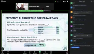 Screenshot of Tom Pivnicny giving a Zoom Presentation on "Effective AI Prompting for Legal Professionals"